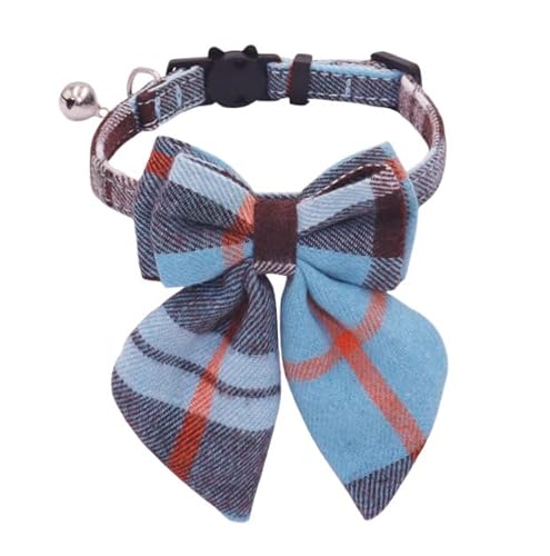 THAIN Katzenhalsband mit stilvoller Schleife, kariert, mit Glöckchen, abnehmbare Fliege, Katzenhalsband für Katzen, Kätzchen (S, Blaues Karomuster) von THAIN