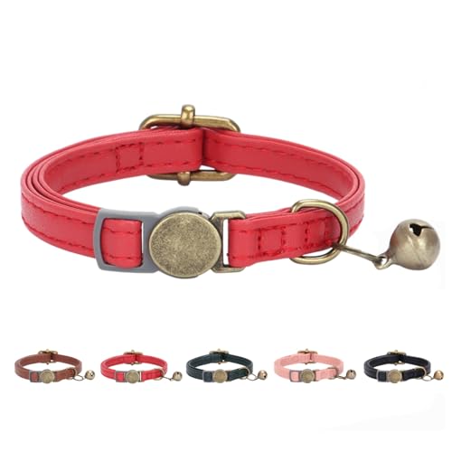THAIN Leder-Katzenhalsband mit Glöckchen, verstellbar, langlebig, Retro-Glocke, passend für die meisten Katzen und Kätzchen, Rot THAIN Leder-Katzenhalsband mit Glöckchen, verstellbar, langlebig, Retro-Glocke, passend für die meisten Katzen und Kätzchen, Rot von THAIN