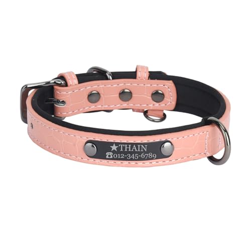 THAIN Personalisierte Hundehalsbänder aus Mikrofaser-Leder mit kostenlosem graviertem Namensschild, gepolstertes Haustierhalsband für Hunde (Rosa+Schwarz, M) von THAIN
