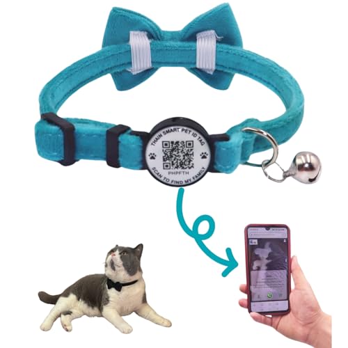 THAIN Personalisiertes Katzenhalsband mit Glöckchen und Fliege, QR-Code-Name, Smart-ID-Tag, Schnellverschluss, weiches, bequemes Halsband für Katzen und Kätzchen, Blau THAIN Personalisiertes Katzenhalsband mit Glöckchen und Fliege, QR-Code-Name, Smart-ID-Tag, Schnellverschluss, weiches, bequemes Halsband für Katzen und Kätzchen, Blau von THAIN
