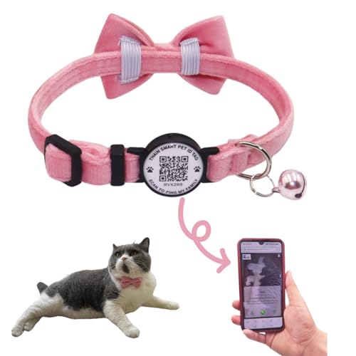 THAIN Personalisiertes Katzenhalsband mit Glocke und Fliege, Breakaway, QR-Code, Name, Smart-ID-Tag, Schnellverschluss, weich, bequem, Halsband für Katzen und Kätzchen, Rosa THAIN Personalisiertes Katzenhalsband mit Glocke und Fliege, Breakaway, QR-Code, Name, Smart-ID-Tag, Schnellverschluss, weich, bequem, Halsband für Katzen und Kätzchen, Rosa von THAIN