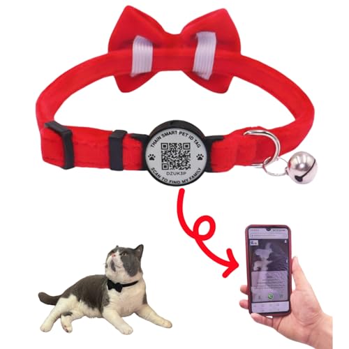 THAIN Personalisiertes Katzenhalsband mit Glöckchen und Fliege, QR-Code-Name, Smart-ID-Tag, Schnellverschluss, weich, bequem, Halsband für Katzen und Kätzchen, Rot THAIN Personalisiertes Katzenhalsband mit Glöckchen und Fliege, QR-Code-Name, Smart-ID-Tag, Schnellverschluss, weich, bequem, Halsband für Katzen und Kätzchen, Rot von THAIN