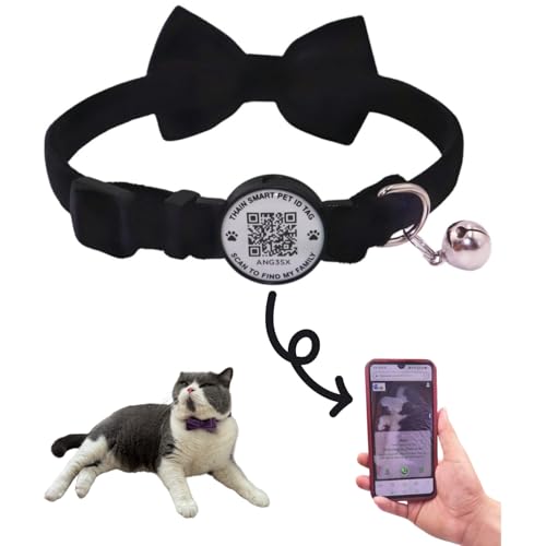 THAIN Personalisiertes Katzenhalsband mit Glocke und Fliege, Breakaway, QR-Code, Name, Smart-ID-Tag, Schnellverschluss, weiches, bequemes Halsband für Katzen und Kätzchen, Schwarz THAIN Personalisiertes Katzenhalsband mit Glocke und Fliege, Breakaway, QR-Code, Name, Smart-ID-Tag, Schnellverschluss, weiches, bequemes Halsband für Katzen und Kätzchen, Schwarz von THAIN