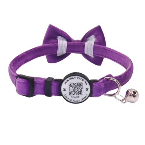 THAIN Personalisiertes Katzenhalsband mit Glöckchen und Fliege, Breakaway, QR-Code, Name, Smart-ID-Tag, Schnellverschluss, weiches, bequemes Halsband für Katzen und Kätzchen, Violett THAIN Personalisiertes Katzenhalsband mit Glöckchen und Fliege, Breakaway, QR-Code, Name, Smart-ID-Tag, Schnellverschluss, weiches, bequemes Halsband für Katzen und Kätzchen, Violett von THAIN