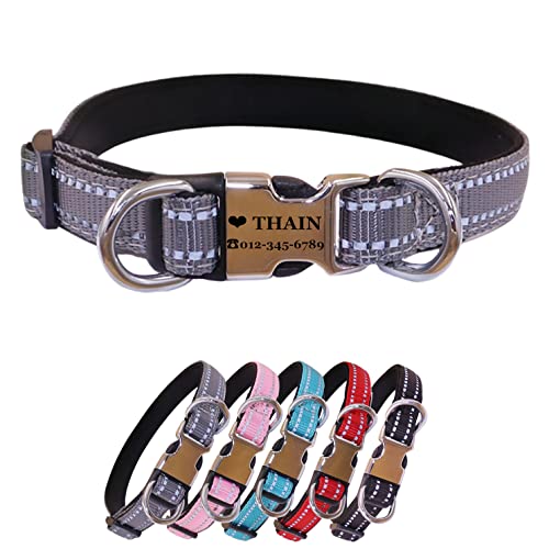 THAIN Reflektierendes, personalisiertes Hundehalsband mit individueller Schnalle und Gravur – weiches Nylon-Haustierhalsband mit Namensschild mit eingraviertem Namen und Telefonnummer (Grau, S) von THAIN