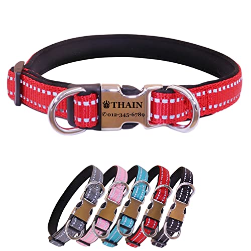 THAIN Reflektierendes, personalisiertes Hundehalsband mit individueller Schnalle und Gravur – weiches Nylon-Haustierhalsband mit Namensschild mit eingraviertem Namen und Telefonnummer (Rot, M) von THAIN