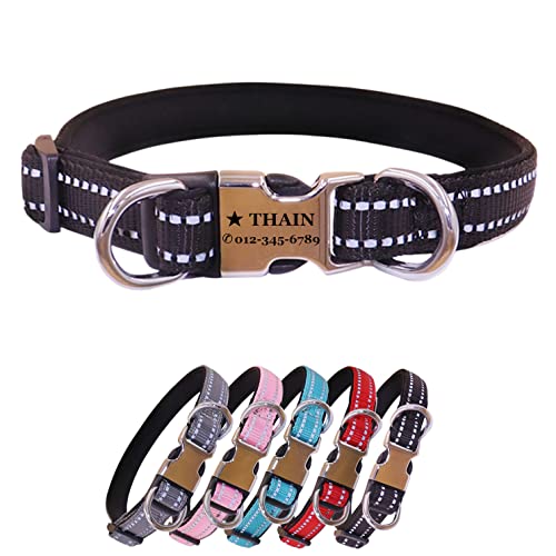 THAIN Reflektierendes, personalisiertes Hundehalsband mit individueller Schnalle und Gravur – weiches Nylon-Haustierhalsband mit Namensschild mit eingraviertem Namen und Telefonnummer (Schwarz, M) von THAIN