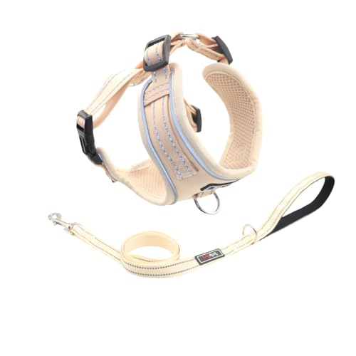 THAIN Reflektierendes Hundegeschirr und Leine, kein Ziehen, verstellbar und bequem für kleine Hunde (Größe S, Beige) von THAIN