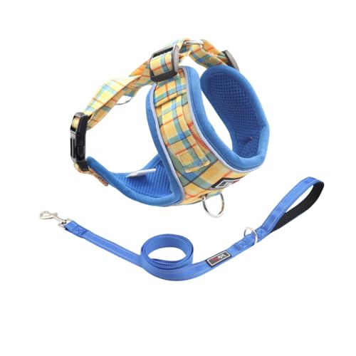 THAIN Reflektierendes Hundegeschirr und Leine, kein Ziehen, verstellbar und bequem für kleine Hunde (XS, Gelb kariert) von THAIN
