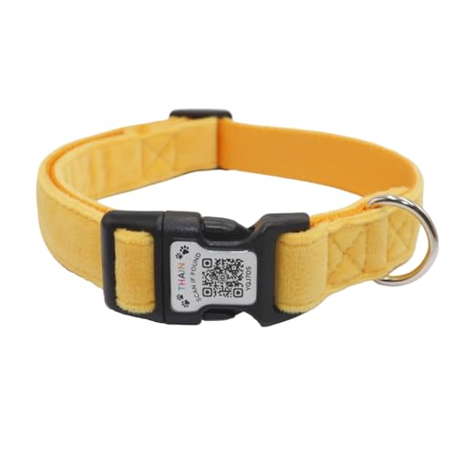 THAIN Smart QR-Code Hundehalsband, Nylon & Samt, Haustierhalsband mit einzigartiger ID-Registrierung, verstellbare Kunststoffschnalle für große Hunde, Schwarz, Rot, Rosa, Gelb (Gelb, L) von THAIN