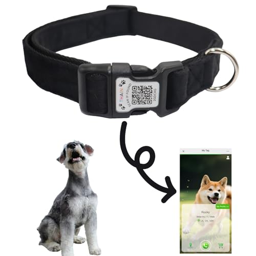 THAIN Smart QR-Code Hundehalsband, Nylon & Samt, Haustierhalsband mit einzigartiger ID-Registrierung, verstellbare Kunststoffschnalle für kleine Hunde, Schwarz, Rot, Rosa, Gelb (Schwarz, S) von THAIN