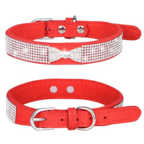 THAIN Strass Bling Hundehalsband Katze Diamant mit Strass Fliege Dekoration für kleine, mittelgroße und große Hunde (L, Rot) von THAIN