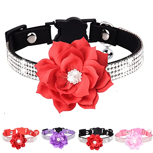 THAIN Strass-Bling Katzenhalsband, mit Glöckchen und Blumendekor, Samt, Schnellverschluss (XS, Schwarz) von THAIN