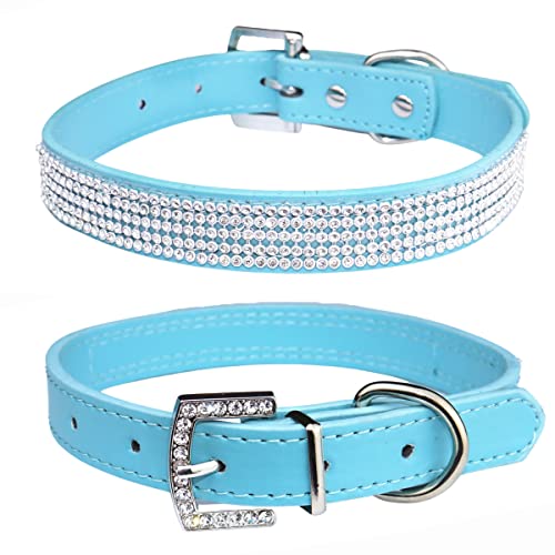 THAIN Verstellbares Halsband für Hunde und Katzen, PU-Leder, Strass-Schnalle, Länge 38,1 - 45,7 cm, Himmelblau von THAIN