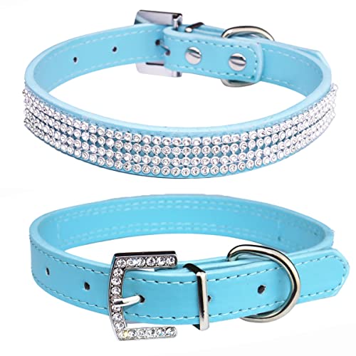 THAIN Verstellbares Halsband für Hunde und Katzen, PU-Leder, mit Strasssteinen, Größe M (Länge 30,5 - 38,1 cm), Himmelblau von THAIN