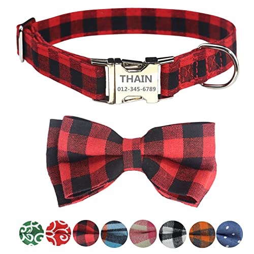 THAIN personalisierbar Hundehalsband mit Fliege Kariertes Muster gravierte Namen benutzerdefinierter für große Hunde(L, Rotes Plaid) von THAIN