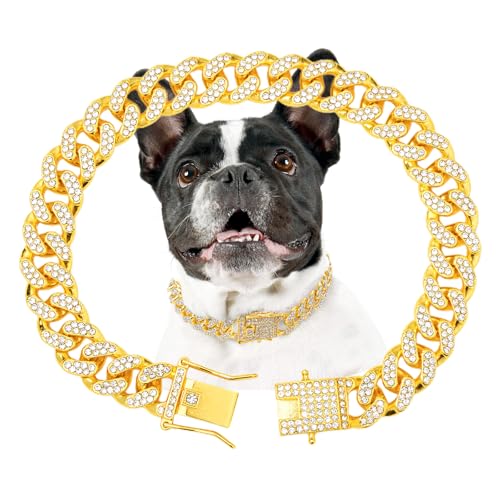 Hundehalsband, Diamant, kubanische Gliederung, goldfarben, 35,6 cm Hundehalsband, Diamant, kubanische Gliederung, goldfarben, 35,6 cm von THAMIAO