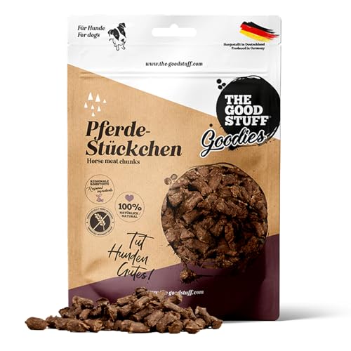 The GOODSTUFF Pferde-Stückchen 150 g | Pferdefleisch Hundeleckerlies getreidefrei & luftgetrocknet | Hundesnack in Stückchen | Trockenfleisch für Hunde | Trainingsleckerli | Super-Premium Hundefutter von THE GOODSTUFF Petfood