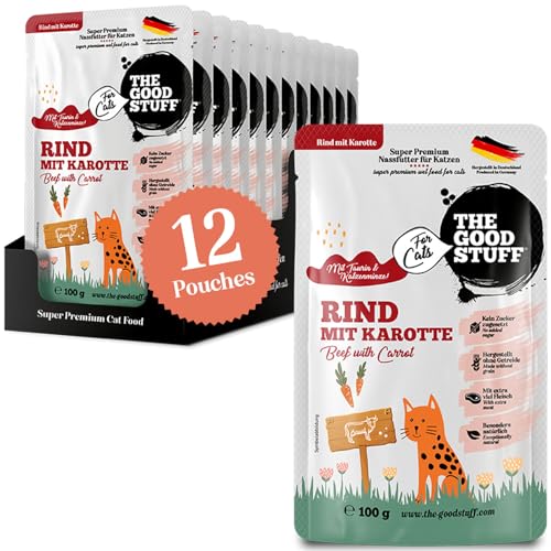 The GOODSTUFF for Cats Rind mit Karotte - Pouch 100 g | Hochwertiges Katzenfutter mit hohem Fleischanteil | Nassfutter für Katzen mit frischem Rindfleisch | Katzenfutter nass ohne Getreide von THE GOODSTUFF Petfood