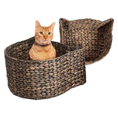 The LICKER Store BSK4001B-2SET Feliz Katzenförmige handgewebte Wasserhyazinthe Nistkorb für Haustierspielzeug, Aufbewahrungsbox für Wohnzimmer, Braun (2er-Set) von THE LICKER STORE
