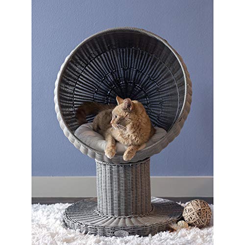 THE REFINED FELINE Kitty Ball Katzenbett, Gebogene erhöhte Form, mit weichem waschbarem Kissen, kratzfestes Polyrattan-Bett für Katzen und Kätzchen, Smoke (KBB-PY-SK-AMZ) von THE REFINED FELINE