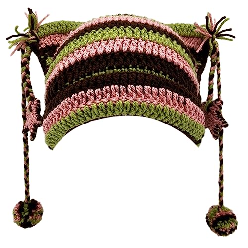 Häkelstreifenmuster Katzenohrhut Mit Dangle Pompoms Winter Gestrickt Häkelstreifenmuster Katzenohrhut Mit Dangle Pompoms Winter Gestrickt von THINCAN