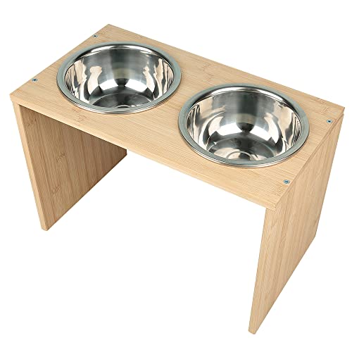 Futternapf und Tränke für Haustiere, Premium-Futternapf aus Edelstahl, mit 2 Ersatzrollen (natürliches Holz) von THINFAR