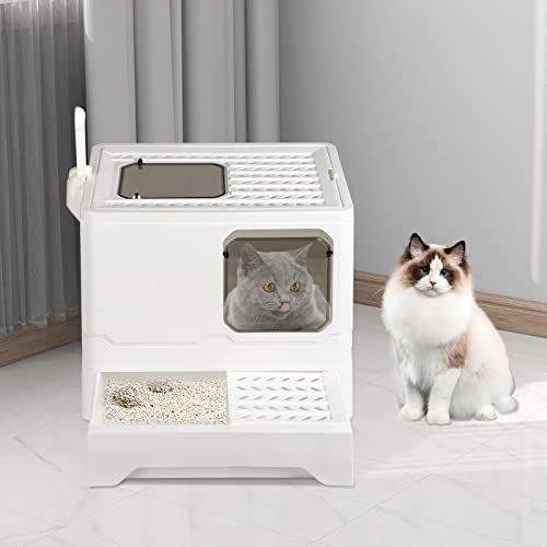 Katzenklo, Katzentoilette, mit Deckel, ausziehbares Tablett, geräumig für Katzen bis 15 kg, weniger Spuren, auslaufsicherer Boden (45 * 35 * 38cm weiß) von THINFAR