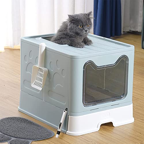 Katzenklo, Katzentoilette, mit Deckel, ausziehbares Tablett, geräumig für Katzen bis 15 kg, weniger Spuren, auslaufsicherer Boden (Frisches Blau) von THINFAR