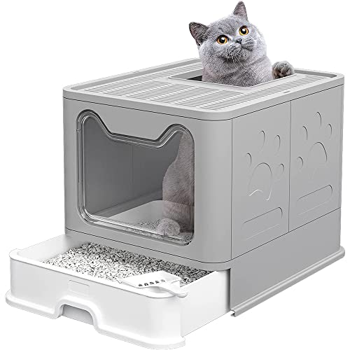 Katzentoilette, Faltbare Katzentoilette Mit Deckel, Deckel, Spritzschutz Für Katzen Easy Clean Pet Katzentoilette 51(L) x 41(W) x 38(H) cm (Grau) von THINFAR