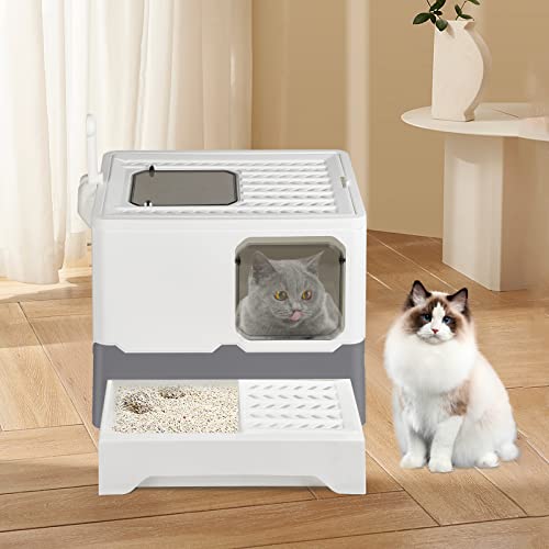 Katzentoilette groß mit Deckel – faltbar mit Schublade und Schaufel, leicht zu reinigen (45 x 35 x 38 cm, grau + weiß) von THINFAR
