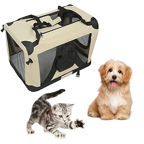 Transportbox für Hunde, faltbar, für Auto, Transporttasche mit weichen Wänden, für Haustiere (M) 60 x 42 x 42 cm (beige) von THINFAR