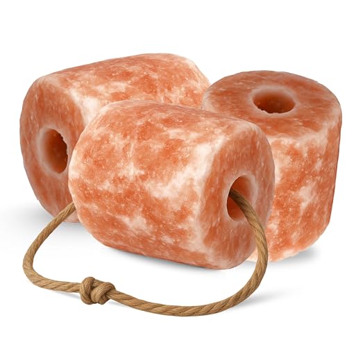 Kristallsteinsalz Leckstein 3er Set mit Kordel - Stein ca. 2,5 kg aus echtem Himalaya Salz - naturbelassener Salzleckstein für Pferde, Ziegen & Wildtiere - Stall & Weide Pferdezubehör von THIVOOD