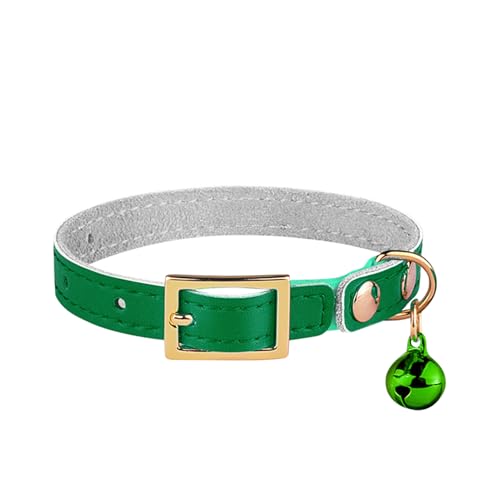 Katzenhalsband mit Glöckchen, echtes Rindsleder, grünes Leder, Sicherheitshalsband für Katzen, verstellbar, 22–28 cm, mit Metallschnalle (Halsumfang 21,6–27,9 cm) von THKO