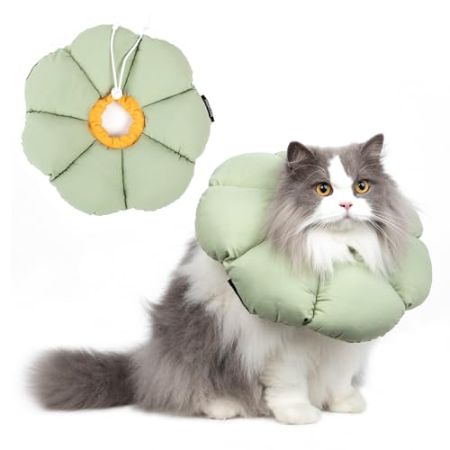 THKOFPET Katzenhalskrause, Einstellbarer Katzenkegel, Weiches Blumen Katzenhalsband, für Katzen und kleine Hunde, Nach Operation und Verletzungen, Grüner, L von THKOFPET