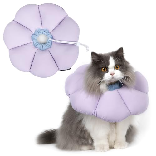 THKOFPET Halskrause Katze, Einstellbarer Katzenkegel, Weiches Blumen Katzenhalsband Kragen Cone für Katzen und kleine Hunde nach Operation und Verletzungen (violett, L) von THKOFPET
