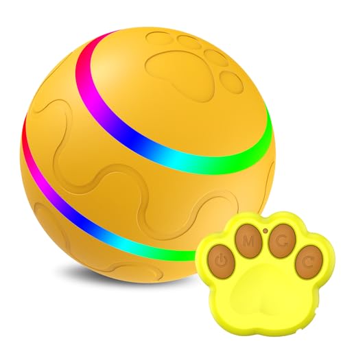 THQERAER Jiggle Ball for Dogs, Jiggle Ball Dog Toy, Interactive Dog Toy Ball, Interactive Dog Ball with LED, Wiggle Ball Dog Toy, Dog Toy Ball for All Dogs Cats (Yellow Remote Control) von THQERAER