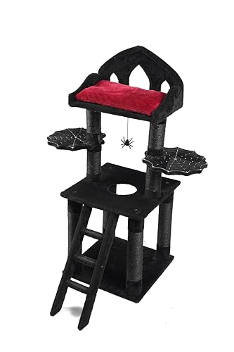 Gothic Katzenbaum - 129,5 cm schwarzer Katzenturm mit Thron Goth Bett, gruseliges Hängespielzeug, stabile Spinnennetz-Sitzstange, langlebige Sisal-Kratzbäume - Goth Katzenbaum für majestätische Gothic Katzenbaum - 129,5 cm schwarzer Katzenturm mit Thron Goth Bett, gruseliges Hängespielzeug, stabile Spinnennetz-Sitzstange, langlebige Sisal-Kratzbäume - Goth Katzenbaum für majestätische von THROONI