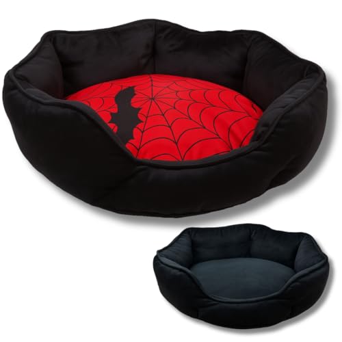 THROONI Gothic-Katzenbett, 50,8 cm, wendbar, Rot und Schwarz, für Indoor-Katzen, superweiches Plüsch-Haustierbett mit gemütlichem Spinnennetz-Kissen und sicherer, rutschfester Unterseite von THROONI