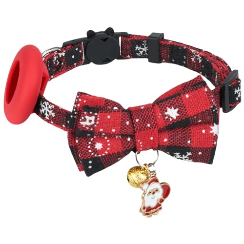 Thumberly Weihnachtliches Katzenhalsband, Airtag-Halsband, Beschützer mit Fliege und Glocke, Breakaway verstellbares Kätzchen-Halsband, festliche Katzen-Hundehalsbänder, Weihnachtsmann + rotes von THUMBERLY