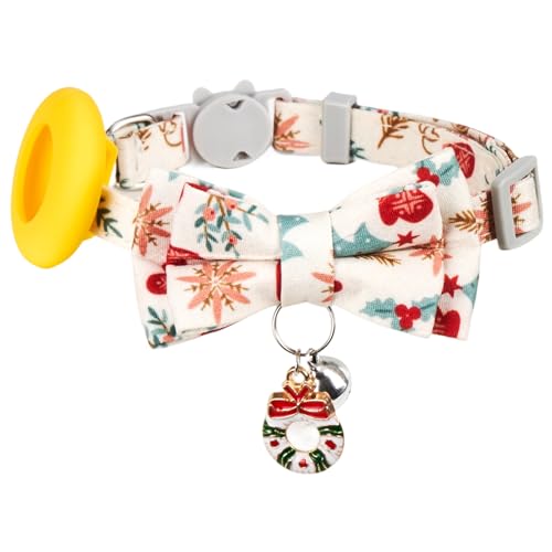 Thumberly Weihnachtliches Katzenhalsband, Airtag-Halsband, mit Fliege und Glocke, verstellbares Kätzchen-Halsband, festliche Katzenhalsbänder, Kranz + weißer Weihnachtsdruck von THUMBERLY