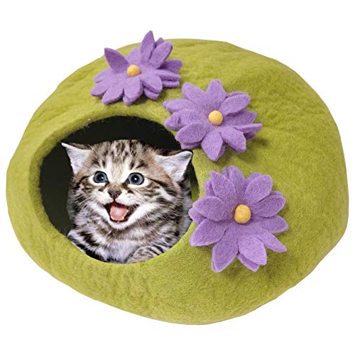 Luxus-Katzenbett, Limettengrün, Größe L, umweltfreundlich, 100 % Merinowolle, für Katzen und Kätzchen, Größe L, 45–48 cm, grüne Blume (Limettengrün) von TIBET