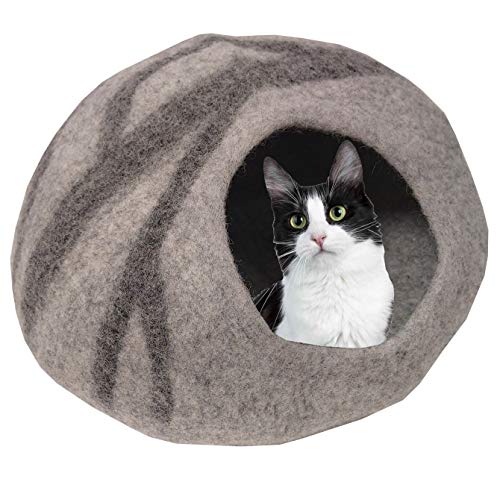 Luxus-Katzenbett mit Höhle aus 100 % Merinowolle, für Katzen und Kätzchen, groß, 45 - 48 cm, Grau / Schwarz von TIBET