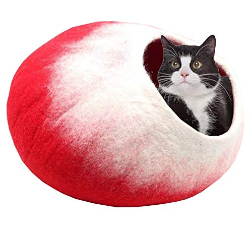 Luxus-Katzenbett mit Höhle aus 100 % Merinowolle, für Katzen und Kätzchen, groß, 45 - 48 cm, Rot / Weiß von TIBET