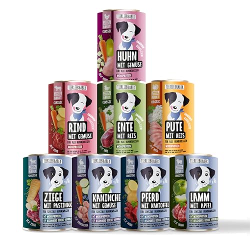 TIERLIEBHABER – Hundefutter Nass 400g Probierpaket à 8 Sorten – Von Tierärzten entwickelt – Nassfutter Hund mit 91% Fleischanteil – Dog Food als Hundenassfutter 400g Dosen von TIERLIEBHABER