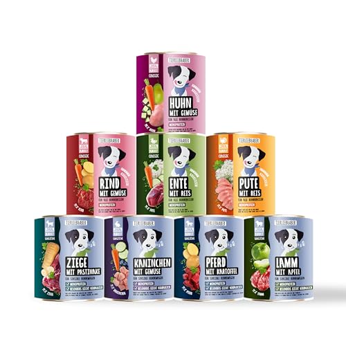 TIERLIEBHABER – Hundefutter Nass 800g Probierpaket à 8 Sorten – Von Tierärzten entwickelt – Nassfutter Hund mit 91% Fleischanteil – Dog Food als Hundenassfutter 800g Dosen von TIERLIEBHABER