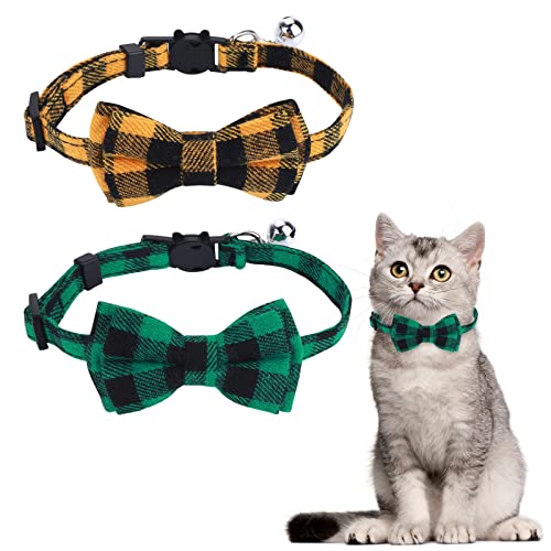 TIESOME 2 Stück Weihnachte-Katzenhalsband mit Glocke, Weich Verstellbar Katzenhalsbänder Abnehmbare Katzenhalsbänder Sicherheit Schnellverschluss für Xmas Kostüm von Kätzen und Hündchen (Gelb+Grün) von TIESOME