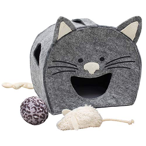 TIGERCAT Spielhaus Charly 20 x 14 x 18cm mit Maus und Ball Leoprint Katzenspielzeug Grau Katzenohren Filz von Tiger Cat