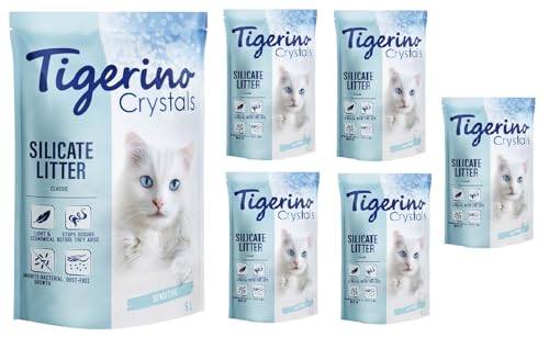 Tigerino Crystals Katzenstreu Super Pack 30L | Silikatstreu | staubfrei | extrem absorbierfähig und ergiebig | stoppt Gerüche | hemmt Bakterienwachstum | 6 x 5 Liter (Classic Sensitive - parfümfrei) von Tigerino