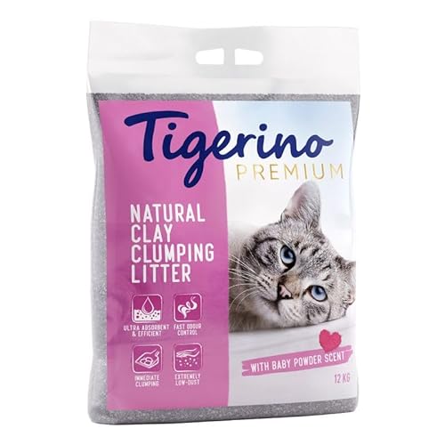 Tigerino Premium Katzenstreu, ergiebige Klumpstreu aus Naturton-Granulat: feinkörnig, schnelle und Starke Klumpenbildung, bindet Gerüche (1 Stück, Babypuder) von Tigerino